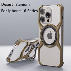 Metal Aluminum Magnetic Stand Phone Case For iPhone 13 14 15 16 Pro Max Magnetic Hollow Rimless Shockproof Bumper Phone Cover