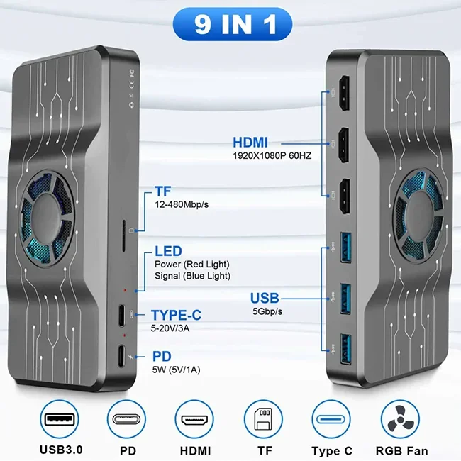 محطة إرساء OFIYAA USB 3.0 H1 محور الكمبيوتر المحمول العالمي مع مروحة تبريد RGB لنظام التشغيل Windows Mac Android يدعم شريحة Mac M1 #3