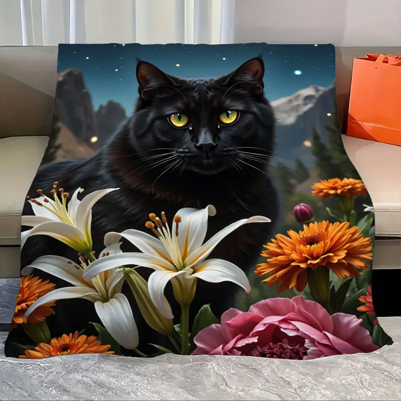 

1pc Flannel Blanket "Starry Night Cat with Lilies and Marigolds Blanket"