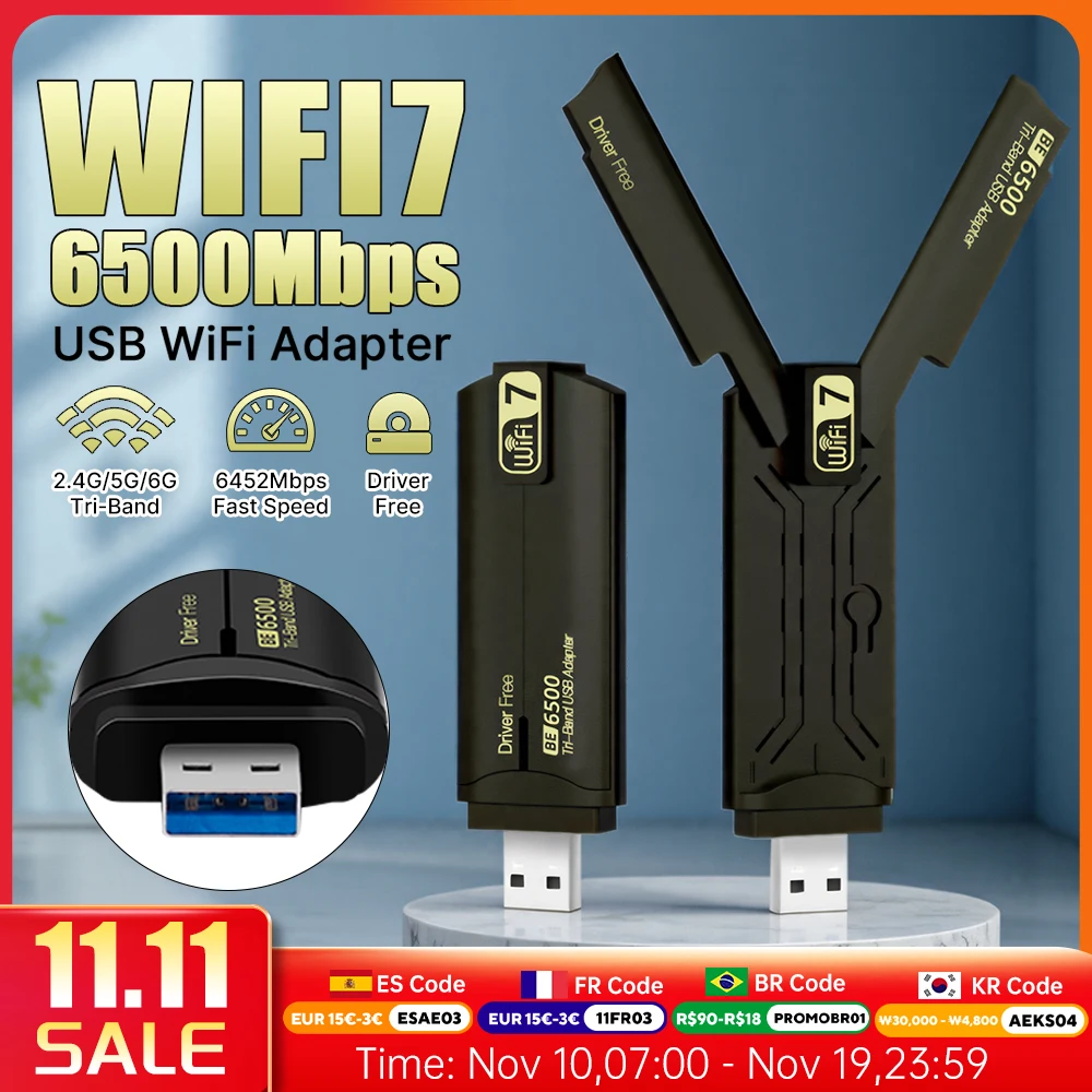 Adaptateur WiFi 7 BE6500 USB 3.0 sans fil Reatek RTL8912AU Tri-Band 2.4G/5.8G/6GHz 802.11AX, lecteur gratuit pour Win 10/11