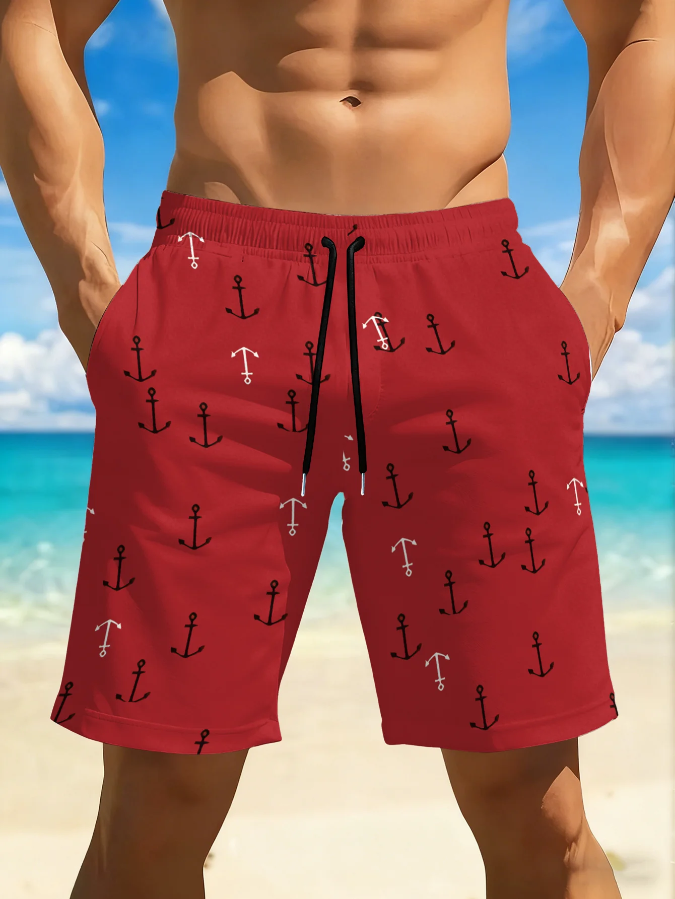 Men'S Quick-Drying Swimming Trunks, Featuring a Vibrant Red And Black Geometric Print Design, Casual, Suitable for Beach, Pool