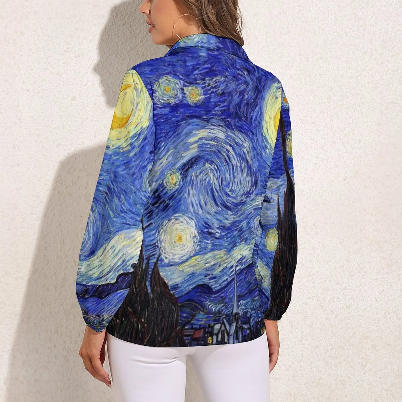 Van Gogh Inspired Loose Blouse Classic Starry Night Classic Oversized Blouses Women Long-Sleeve Office Shirt Autumn Custom Top