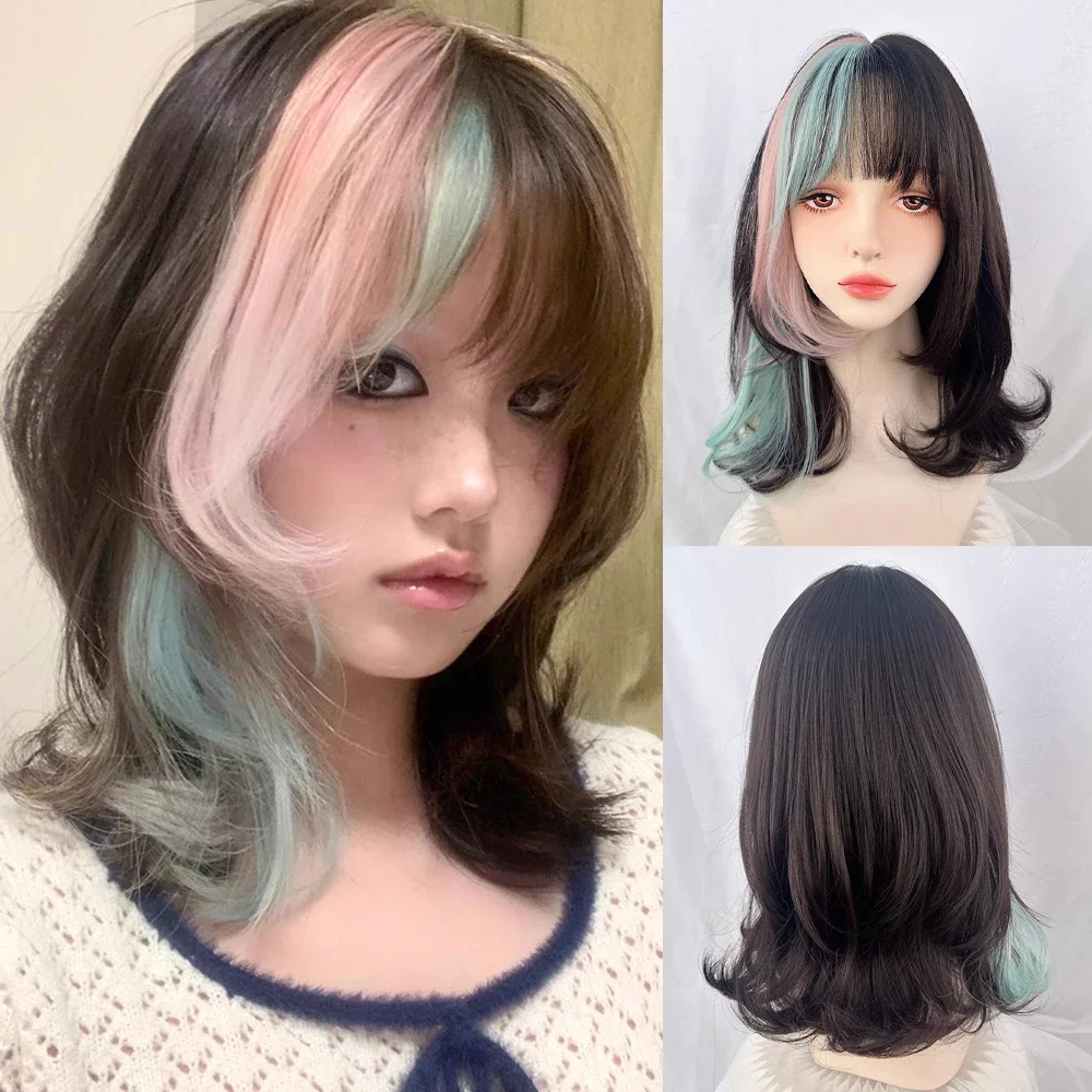 

Synthetic Short Wavy Ombre Black Pink Blend Wig with Bangs Lolita Cosplay Women Fluffy Hair Wig for Daily Party