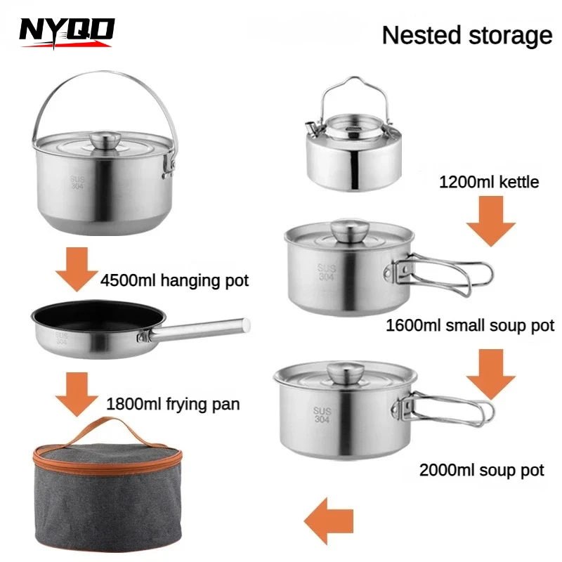 

304 Stainless Steel Outdoor Pot Set Portable Storage Set Camping Cookware Frying Pan Boiling Kettle Four Piece Set