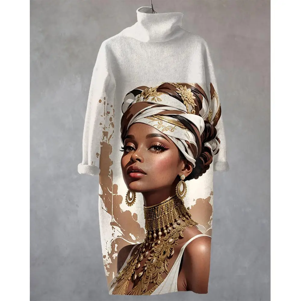 فستان نسائي مطبوع فني أفريقي برقبة عالية وأكمام طويلة فستان ميدي فضفاض أنيق وغير رسمي للحفلات/العطلات #4