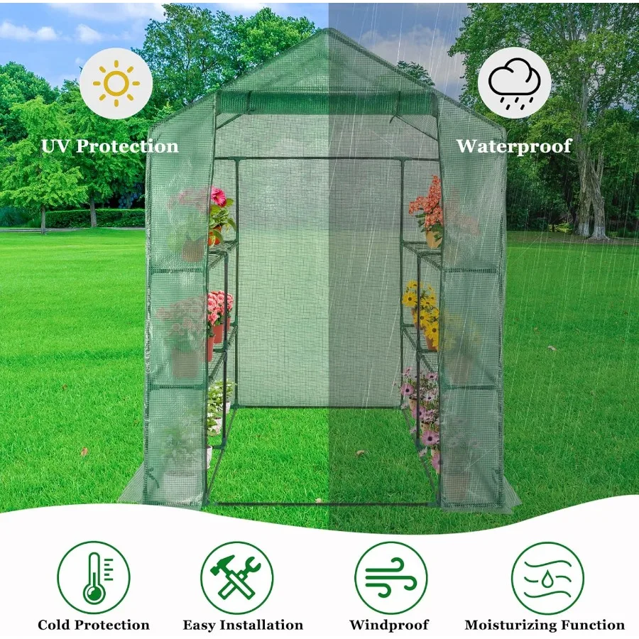 Outvita Walk-in Greenhouse Outdoor Durable PE Plant Green House for Frost Protection with 3 Tiers 8 Shelves Shelf Clips Roll-up