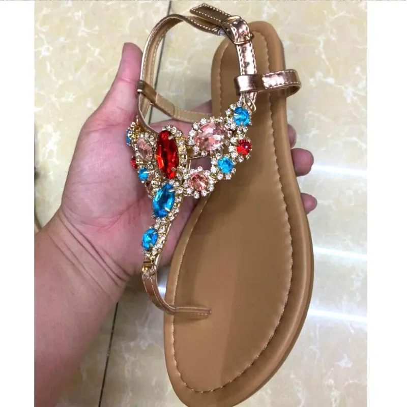 Women\'s Sandals 2023 New Summer Casual Flat Sandal Straps Diamonds Fashion Gladiator Woman Beach Shoes Gold Large Size 37-41