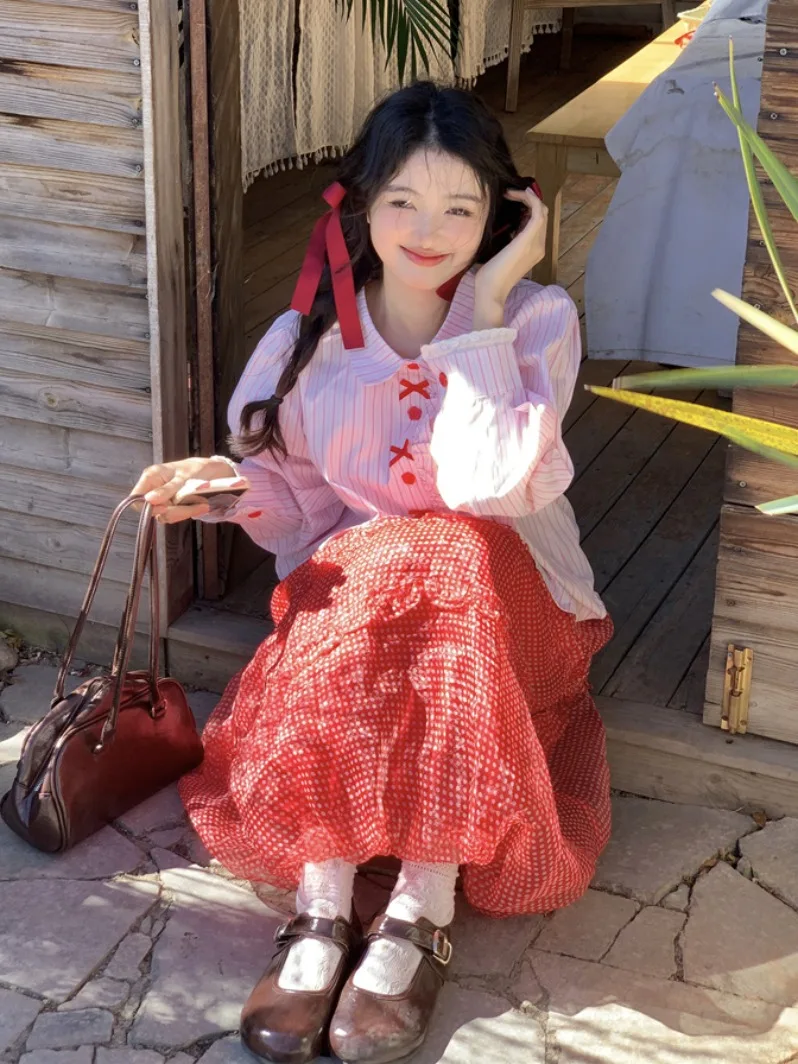 

Loose Long Sleeve Women's Shirt Sweet Anti-Aging Design Floral Lace Wooden Ear Pink Stripes Big Size Breathable Comfortable