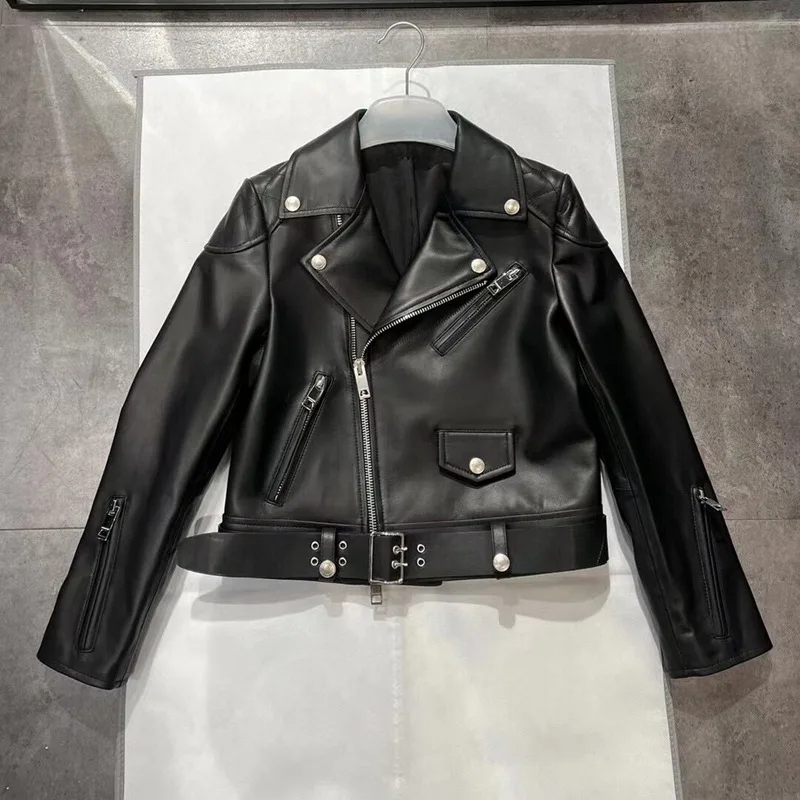 

2024 New Genuine Sheepskin Leather Jackets Fashion Women Black Short Moto Biker Jackets 100% Real Leather Slim Casual Coats