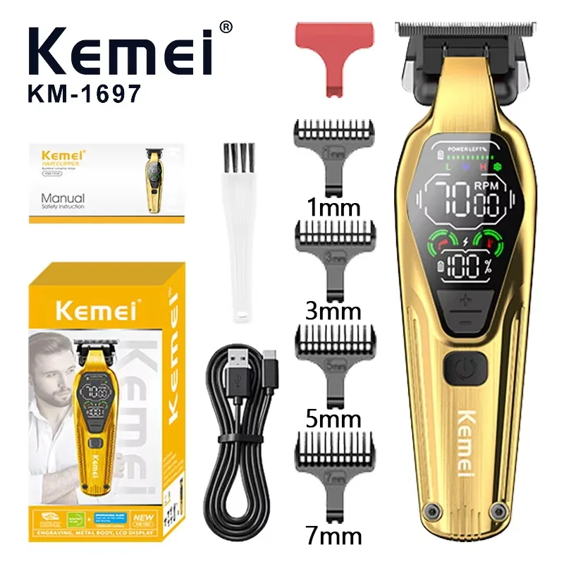 

Kemei KM1697 Hair Trimmer for Men 9000RPM 9W Full Metal DLC Blade LED Display Zero Gapped Professional Trimmer Finishing Machine