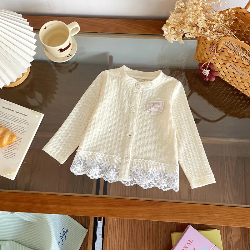 Spring Summer Baby Girls Sunscreen Coat 2026 Lace Splicing O-neck Jacket Children's Top Kids Air Conditioning Room Thin Coats