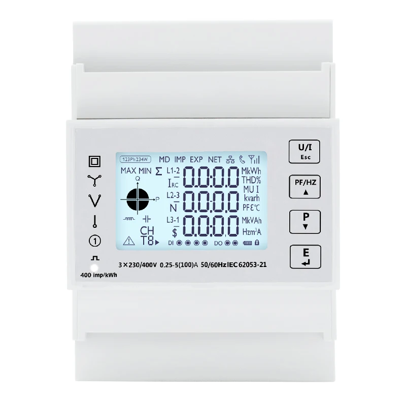 Three-Phase Smart Modbus RS485 Multi-Function Din Rail Energy Meter 45~65Hz Class 1 999999.99Kwh