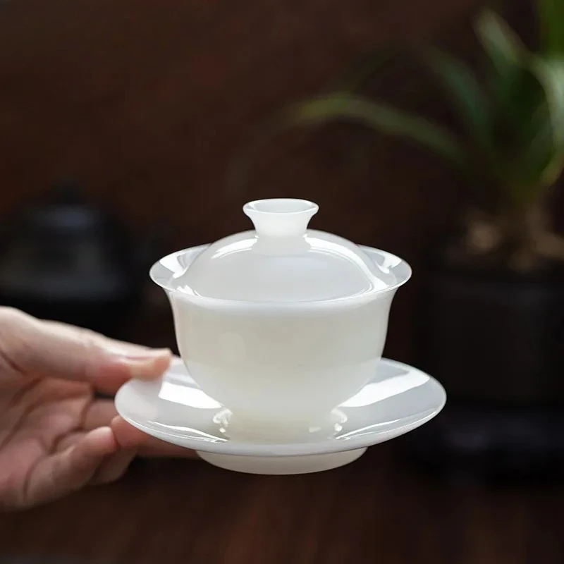 

Белый фарфор с ледяным нефритом, роскошная чаша для чайного сустава Gaiwan с набором крышек, чаша для заваривания чая, аксессуары для обслуживания, подарок