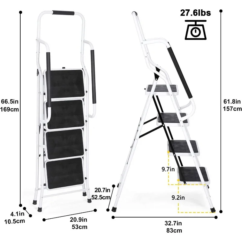 Escalera de 4 escalones con pasamanos, taburete de 500 lb de capacidad, escaleras portátiles plegables para el hogar, cocina, marco de acero