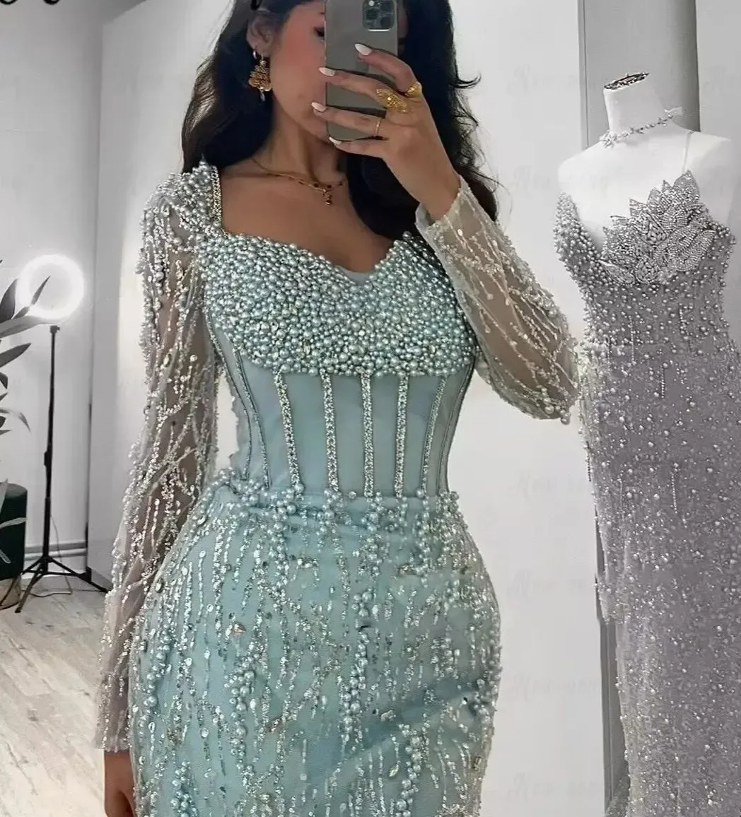 Customized Luxury Mint Green Mermaid Prom Dresses Shiny Pearls Crystal Sequins Lace Evening Party Gowns Pageant Robe De Soriee image 2