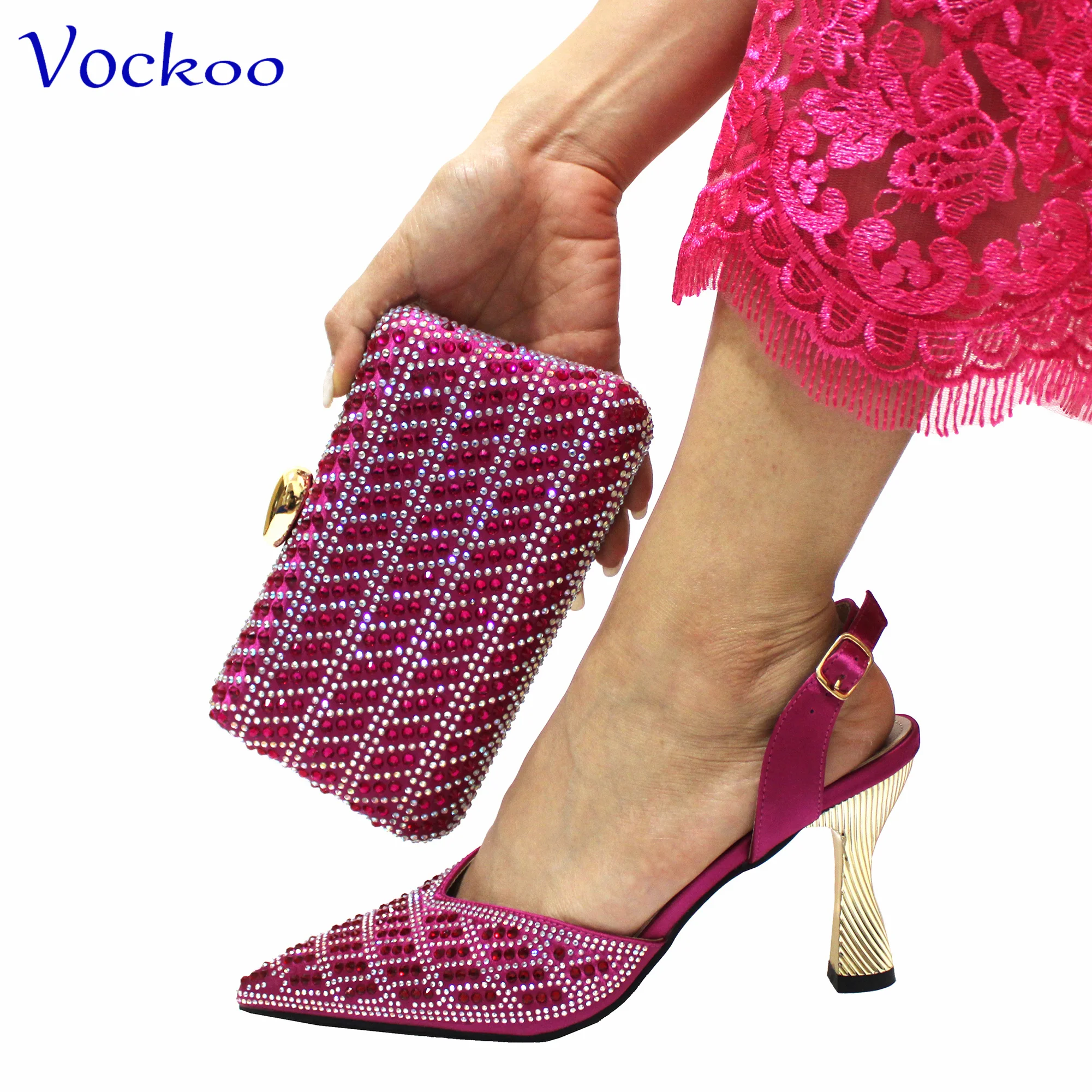 

2024 High Quality New Arrivals Fuchsia Color New Design Shoes and Bag to Match with Shinning Crystal for Wedding Party