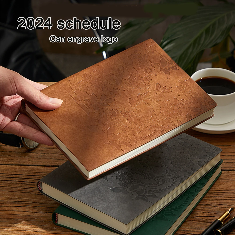 

(Logo can be engraved) A5 leather notebook, 2024 business schedule, student daily planning, planner, record book, notepad, memo