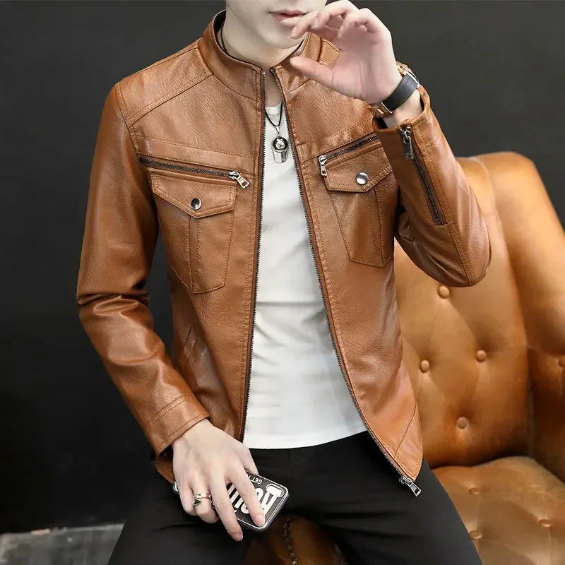 Fall Winter Genuine Leather Stand Collar Jacket For Men Korean Style Slimming Motorcycle Jacket Casual Middle-Age Youth PU Leath