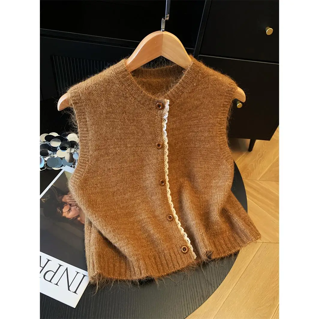 

Retro Korean round Ne Knitted Vest Women's Autumn Layering Svel Single Button Sweater oulder Pad INS Sle Sweet Fit