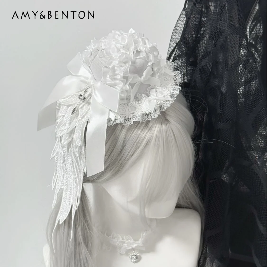 

Gothic Angel Cross Wings Lolita Subculture Headdress Heavy Industry Elegant Sweet Lace Top Hat Hairpin Cute Hair Accessories