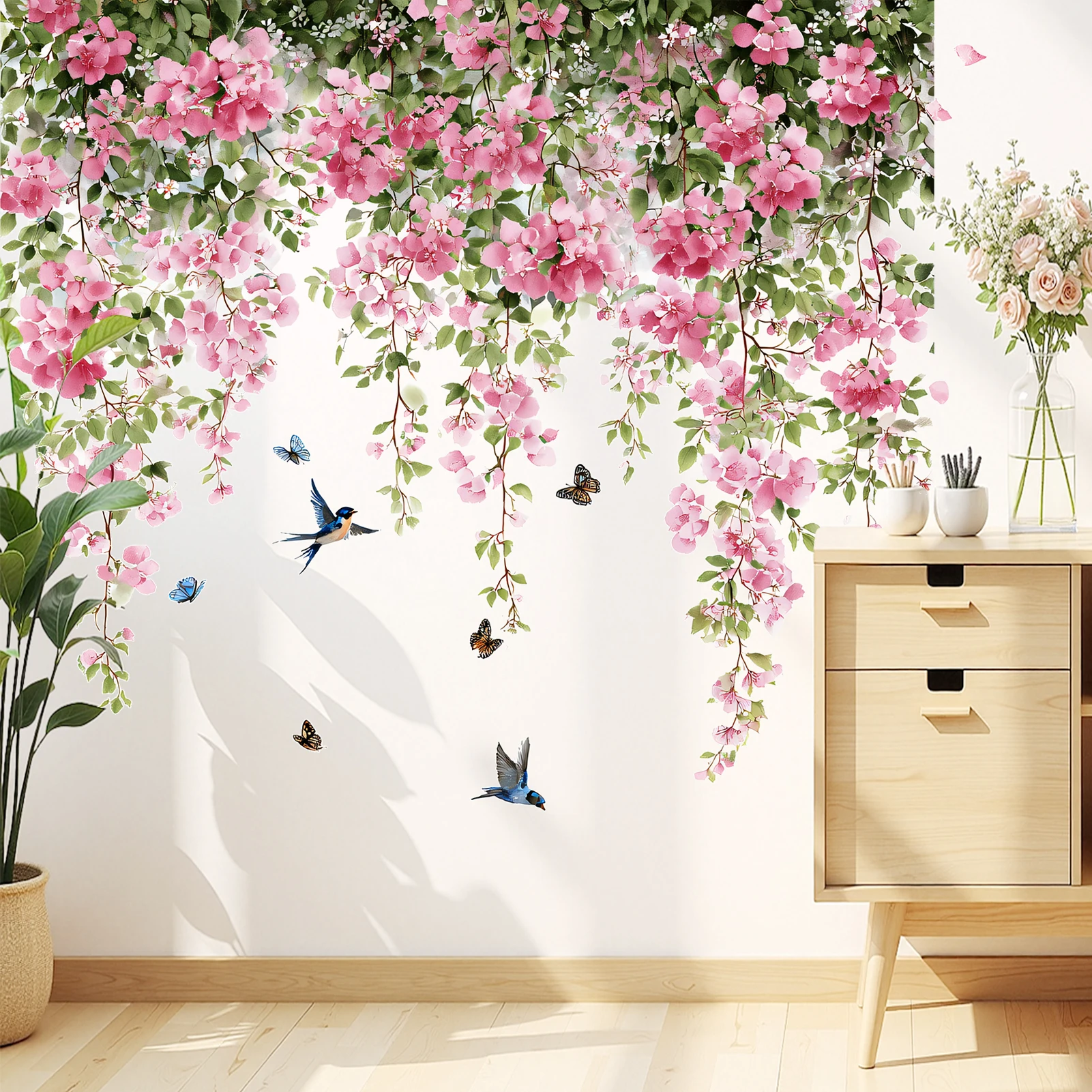 Watercolor Hanging Cherry Blossom Wall Decal, Pink Floral Vines with Butterflies & Swallows Vinyl Wall Sticker for Home Decor