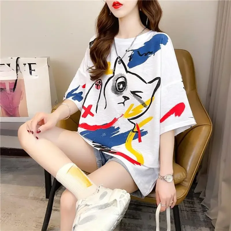 2024 Summer Women Funny Cartoon Print t-shirt grafiche oversize moda t-shirt Unisex bianco grigio Y2k top Harajuku Streetwear