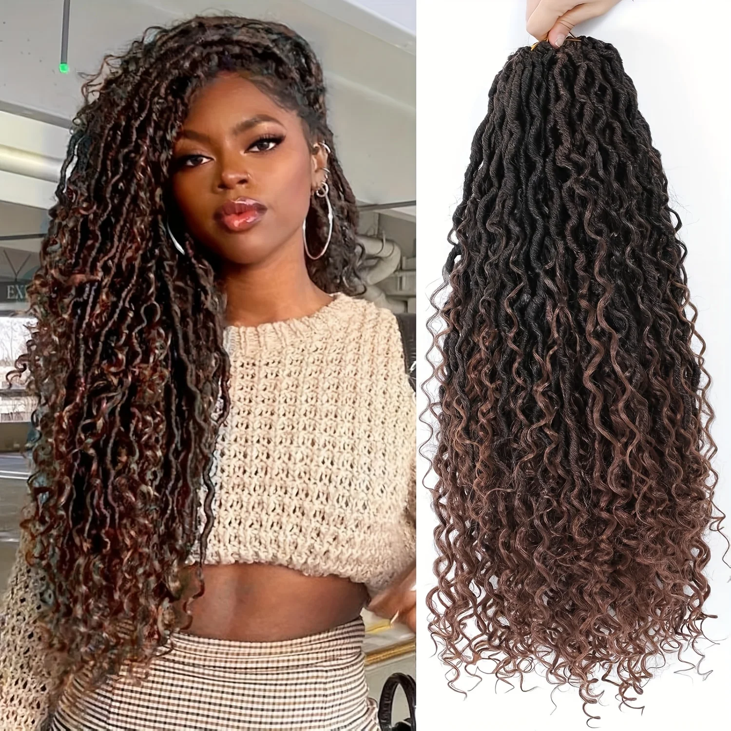 7 Packs Goddess Locs Crochet Hair, Boho River Locs with Curly Ends, Synthetic Faux Locs Braiding Hair Extensions for Women