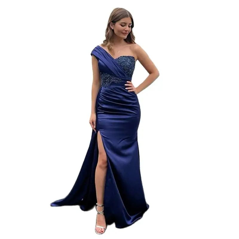 

Sexy Prom Evening Dresses Split Beadings One Shoulder Floor Length Party Dress Night Mermaid Cocktail Gowns Plus Size