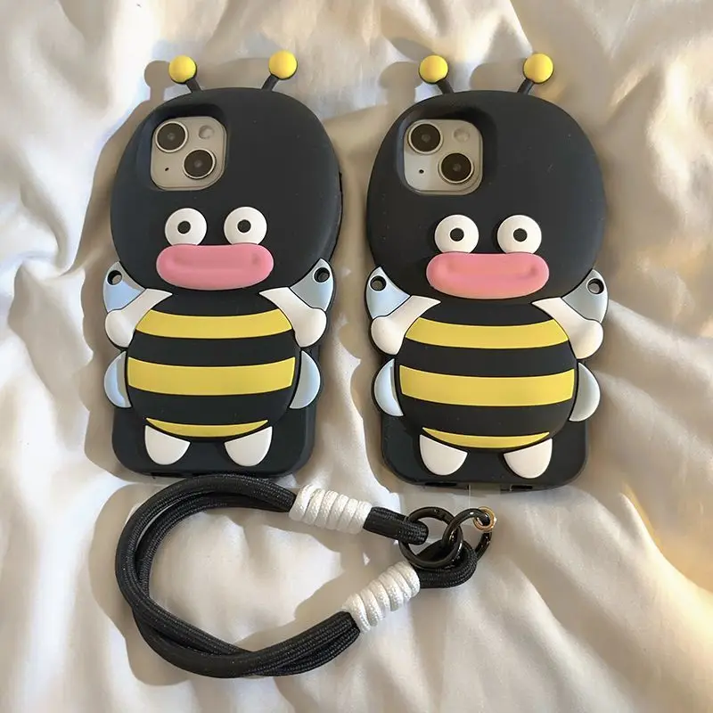 

Phone Case For iPhone 16 15 14 13 Pro Max New INS Cartoon 3D Black Sausage Mouth Bee Shape Soft Protective Cover With Lanyard