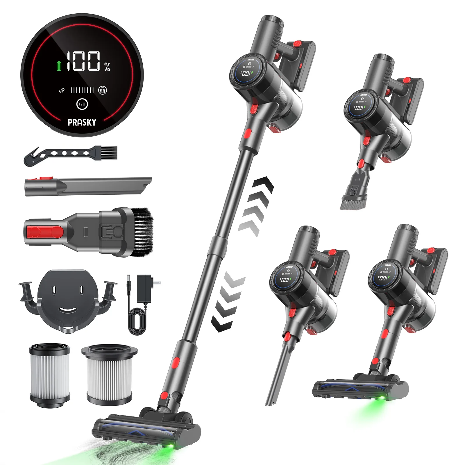 Prasky Cordless Handheld Vacuum Cleaner, 500W/65000PA,Tangle-Resistant Design, LED Touchscreen & Self-standing, 50Mins 8 in 1 Lightweight Cordless Vacuum Cleaner Versatile for Carpet Hard Floor