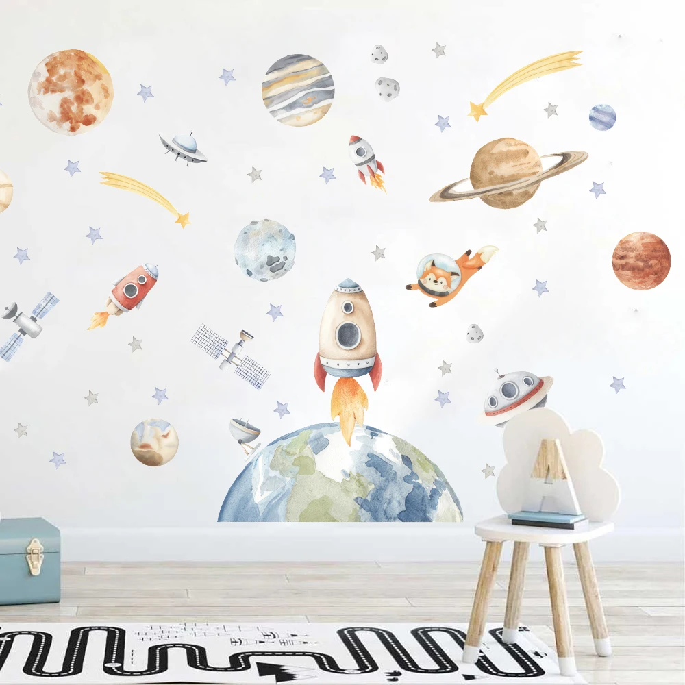 Watercolor Solar System Space Wall Sticker Baby Nurery Kids Room  Planets Rockets Stars Moon Wall Decal Bedroom Playroom Decor