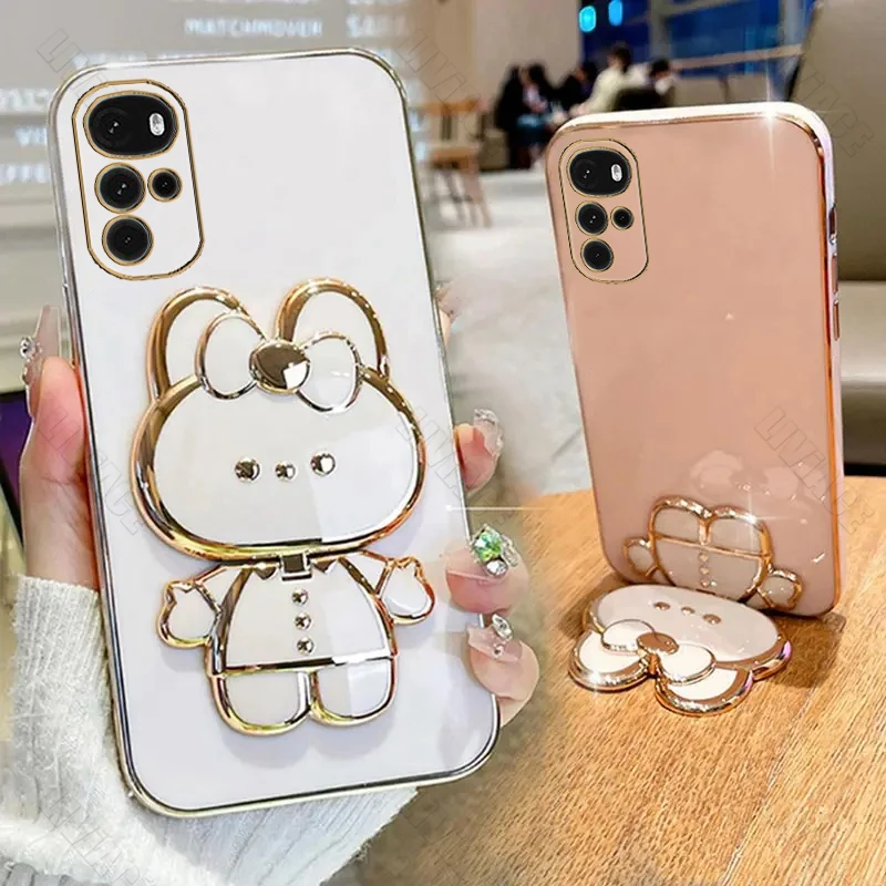 G 22 Cute Rabbit Mirror Plating Square Phone Holder Case On For Mototola Moto G22 MotoG22 MotorolaG22 Luxury Girl Woman Cover