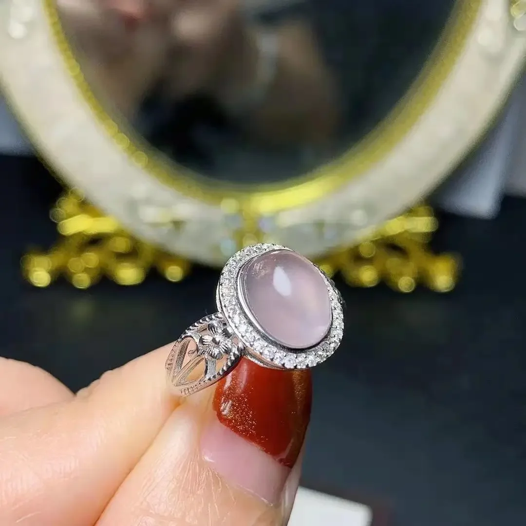 Vintage Silver Rose Quartz Ring for Party 8mm*10mm Natural Rose Quartz Silver Ring Solid 925 Silver Rose Quartz Jewelry