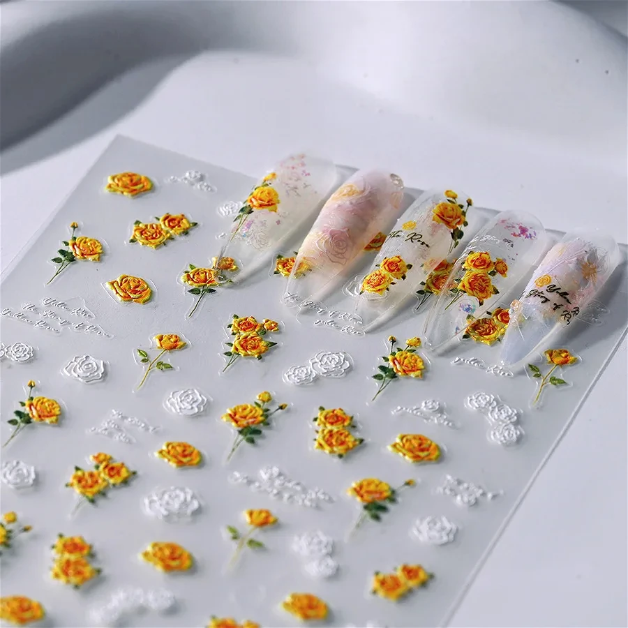 Romantic Autumn Fall Yellow Rose Leaf Embossed Reliefs Adhesive Nail Art Sticker Laser Illusion Polarized Flowers Manicure Decal