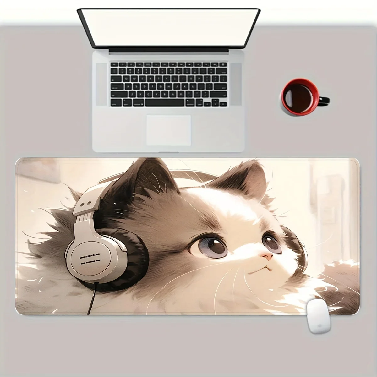 Cute Kitten with Headphones Gaming Mouse Pad Anti-slip Rubber Base Rug 400x900 Kawaii Mat Office Pc Accessories Precision-locked