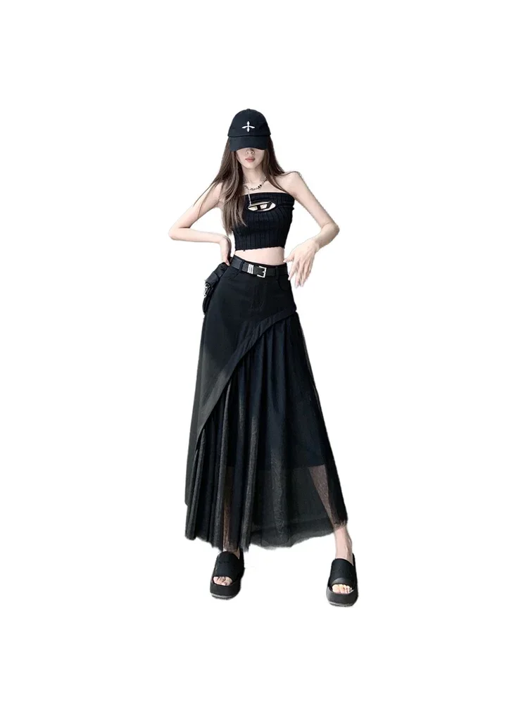 Women Patchwork Black Gothic Skirt Harajuku Korean Y2k Long Skirt Fashion Streetwear Vintage A-line Skirt 90s Emo 2000s Clothes