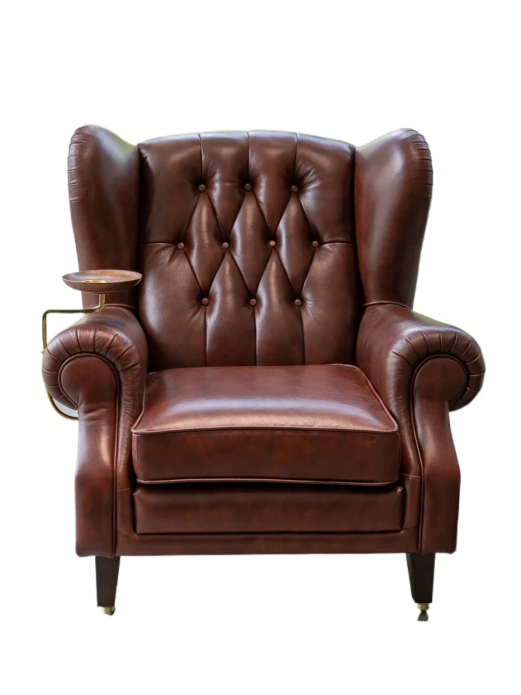 Vintage solid wood leather living room European style pull-up single person sofa chair