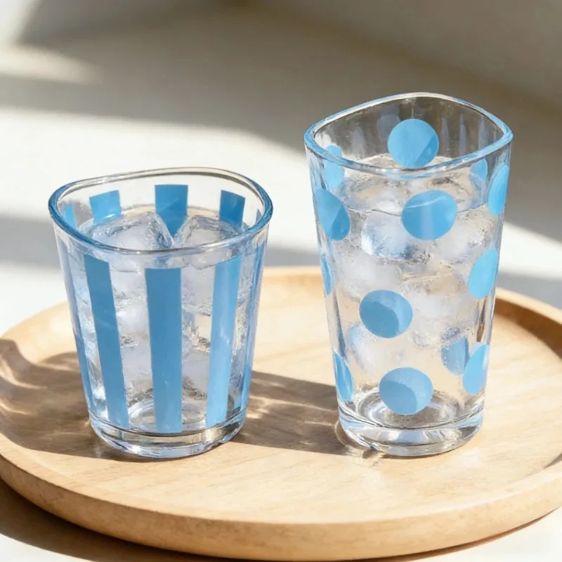 Vintage Blaue Polka-Dot-Glastasse, Frische Haushaltswassertasse, Frühstücksmilchtasse, Einfache Minimalistische Kaffeetassen für Zuhause