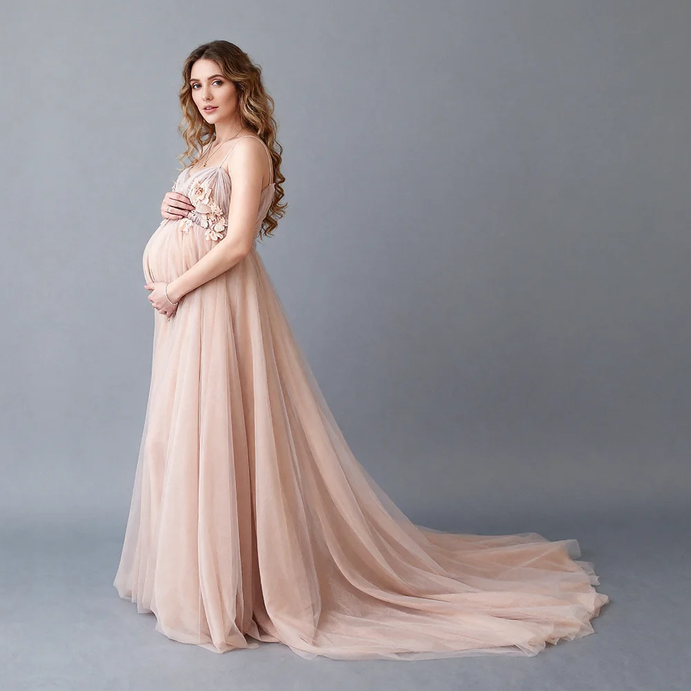 

Maternity Dress Photoshoot Spaghetti Strap V-Neck 3D Floral Applique Dress for Pregnant Women Baby Shower Dress Woman YW6434D