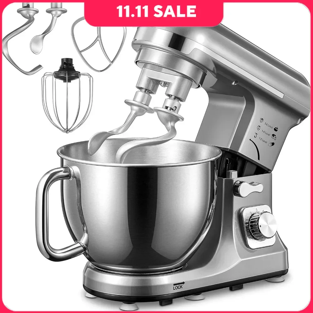 5.5Qt Food Mixer with Double Dough Hook, Wire Whip & Beater, Speed Tilt-Head Mixer, Pouring Shield with Handle, Stand Mixer