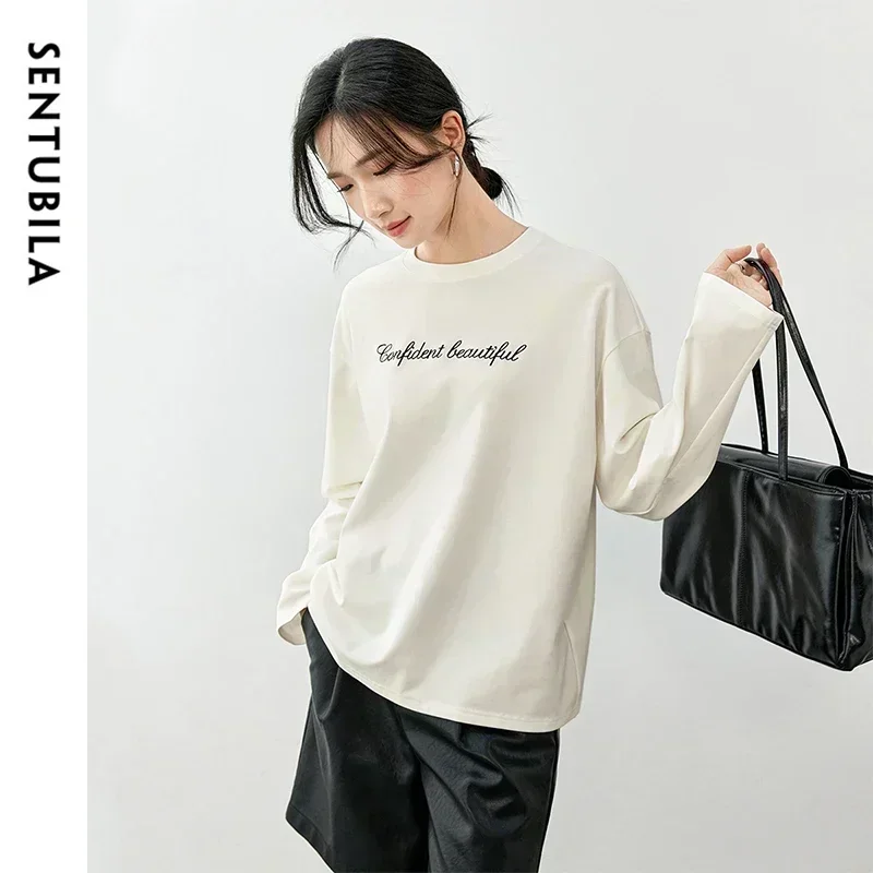 

SENTUBILA Embroidery Cotton T-shirt Women 2024 Winter Casual Loose O Neck Long Sleeve Warm 5A Antibacterial Tops 143T56819