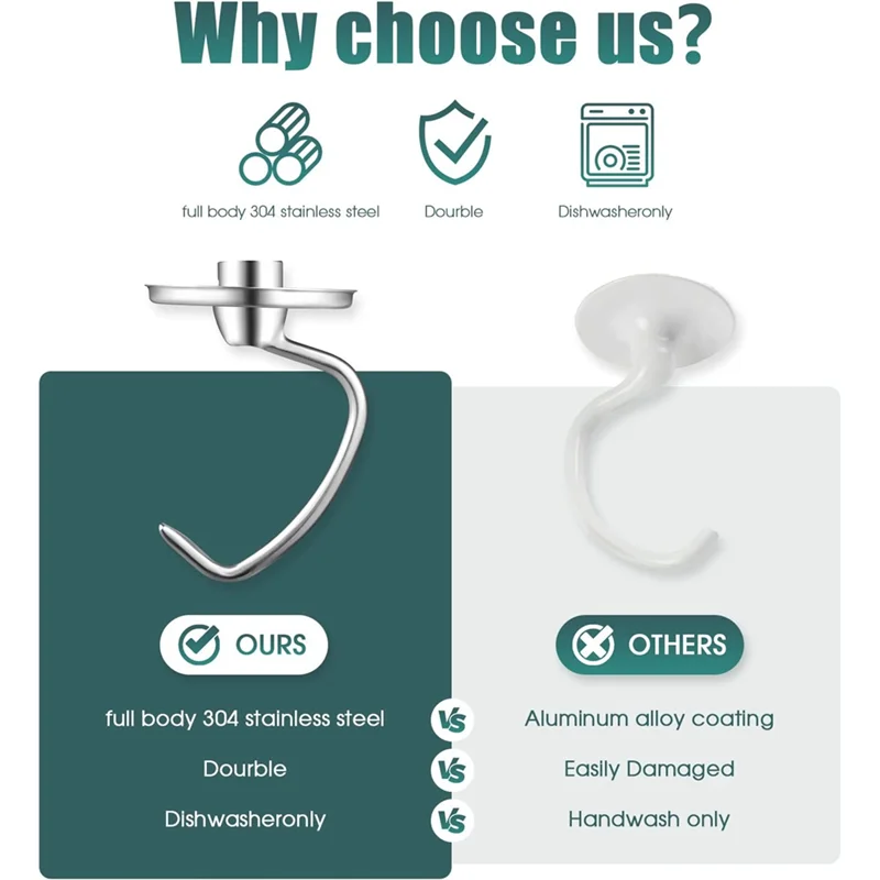 주방 보조용 스테인리스 스틸 반죽 후크 부착물, 4.5-5Q Ttilt-헤드 믹서 부품 액세서리, K45DH