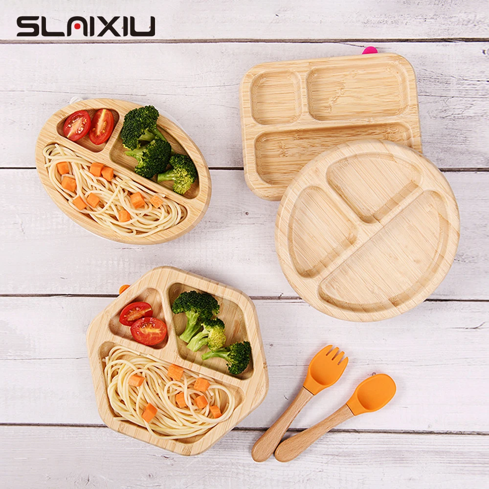 3pcs Baby Feeding Bowl Baby Dinner Plate Cartoon Sheep Bamboo Kid Feeding Dinnerware With Silicone Suction Cup Wooden Fork Spoon