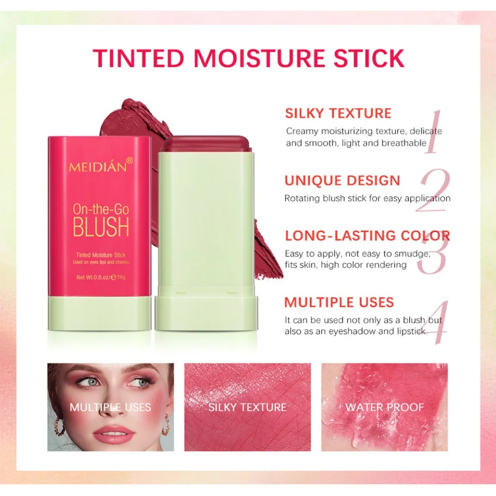 Kleurmake-up Blush Stick met penseel Gezichtsmake-up Waterproof Tweekoppige Blush met penseelstick 3-in-1 Langdurig