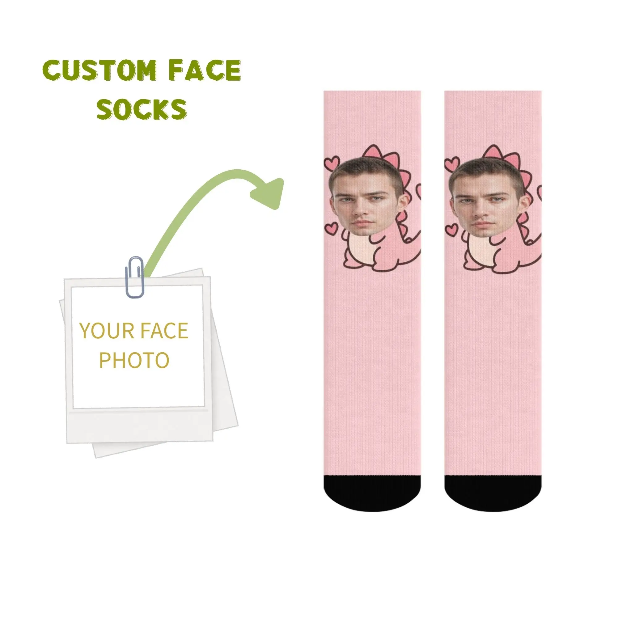 

Custom Face Cartoon Dinosaur Crew Socks Pink Heart Design Print Ideal Unique Gift for Cartoon & Cute-Style Love Anniversary