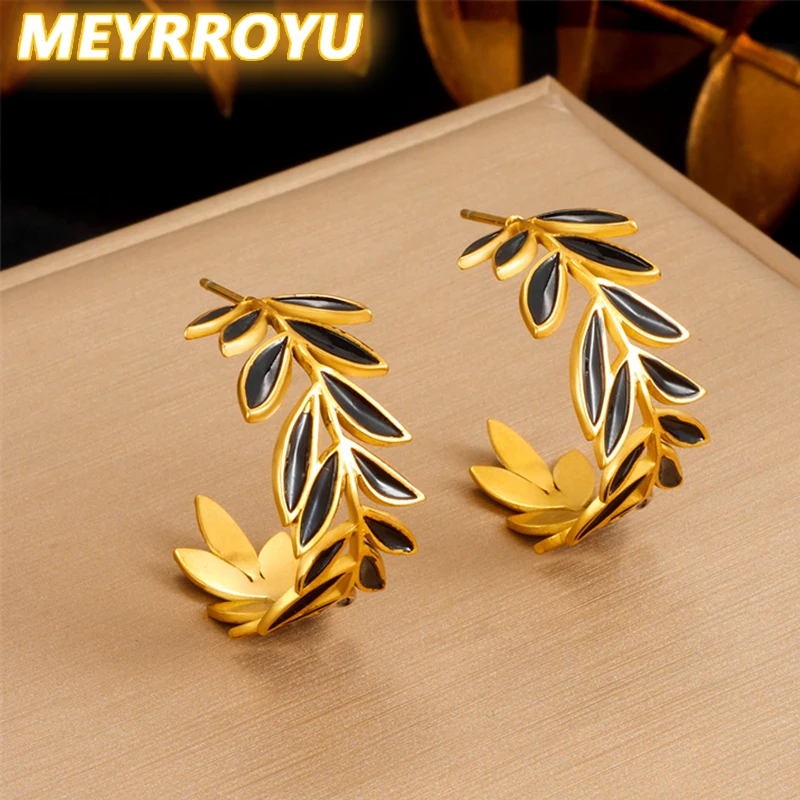 MEYRROYU 316L Stainless Steel Black Drip Oil Leaf Circle Earrings For Women 2024 Fashion New Current Ear Jewelry Lady Gift Party