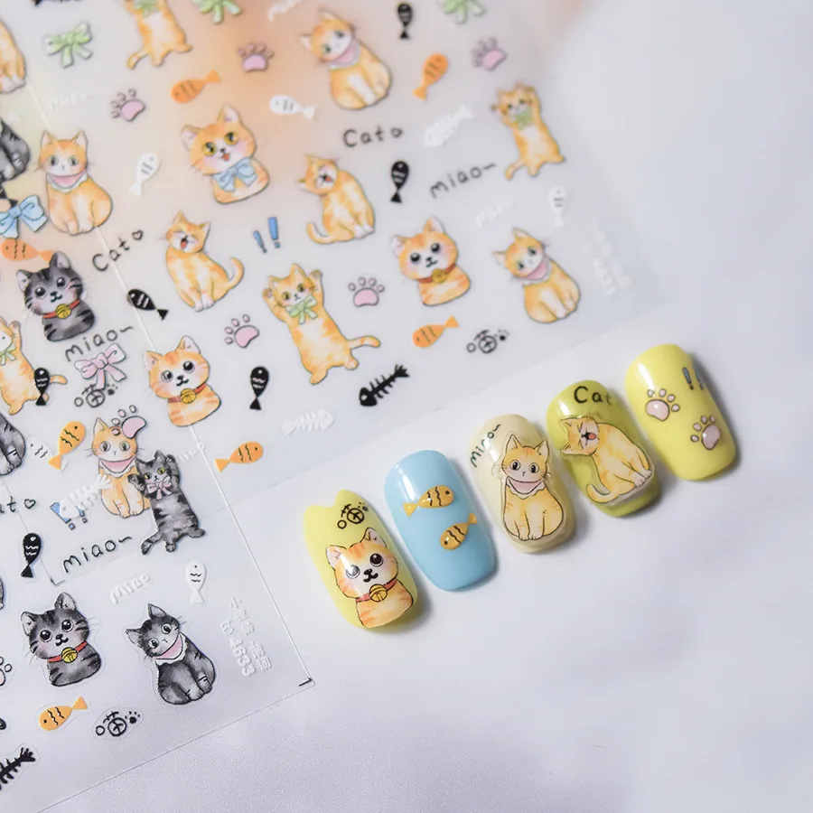 Cute Cat Fish Bowknot High Quality Ginger Cat Raccoon Cat Nail Stickes Decor Manicure Decals T-4630