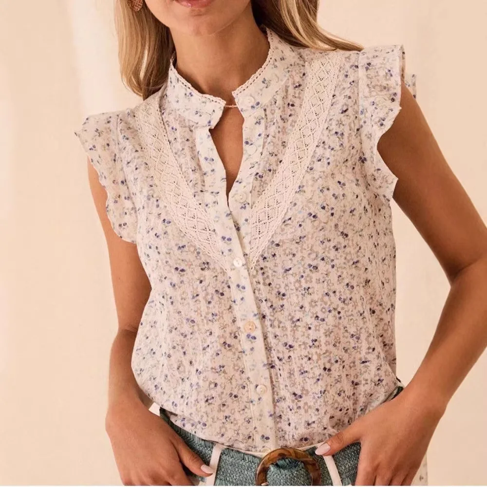 Women Printed Floral Lace Trim Short Sleeve Blouse Tops Evening Dress
