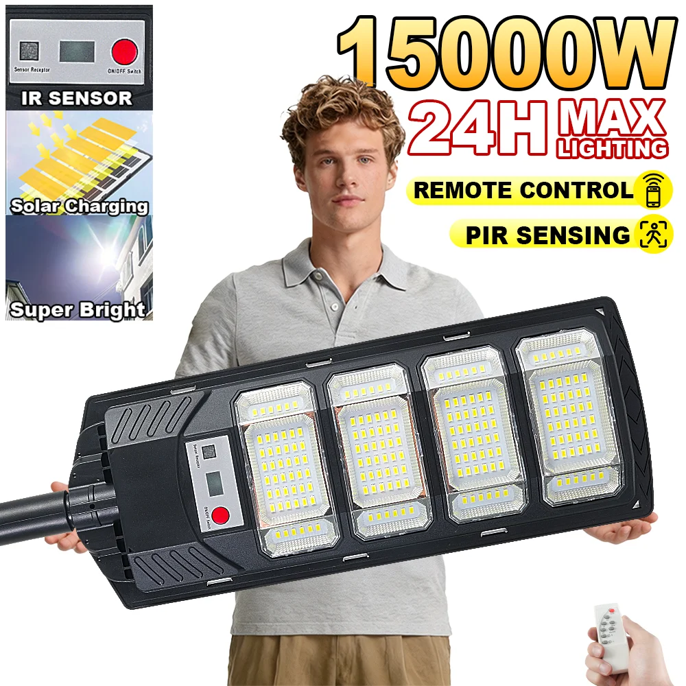 15000W Outdoor Solar Lamp Ultra Powerful Solar Street Light 320° Wide Range Dusk to Dawm Lighting IR Sensor Backyard Garden Lamp
