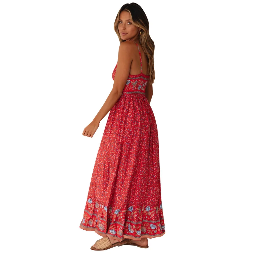 Bohemian Floral Spaghetti Strap Dresses Women Sexy V-neck Backless Casual Beach Vacation Long Dress Female Vestidos Summer New